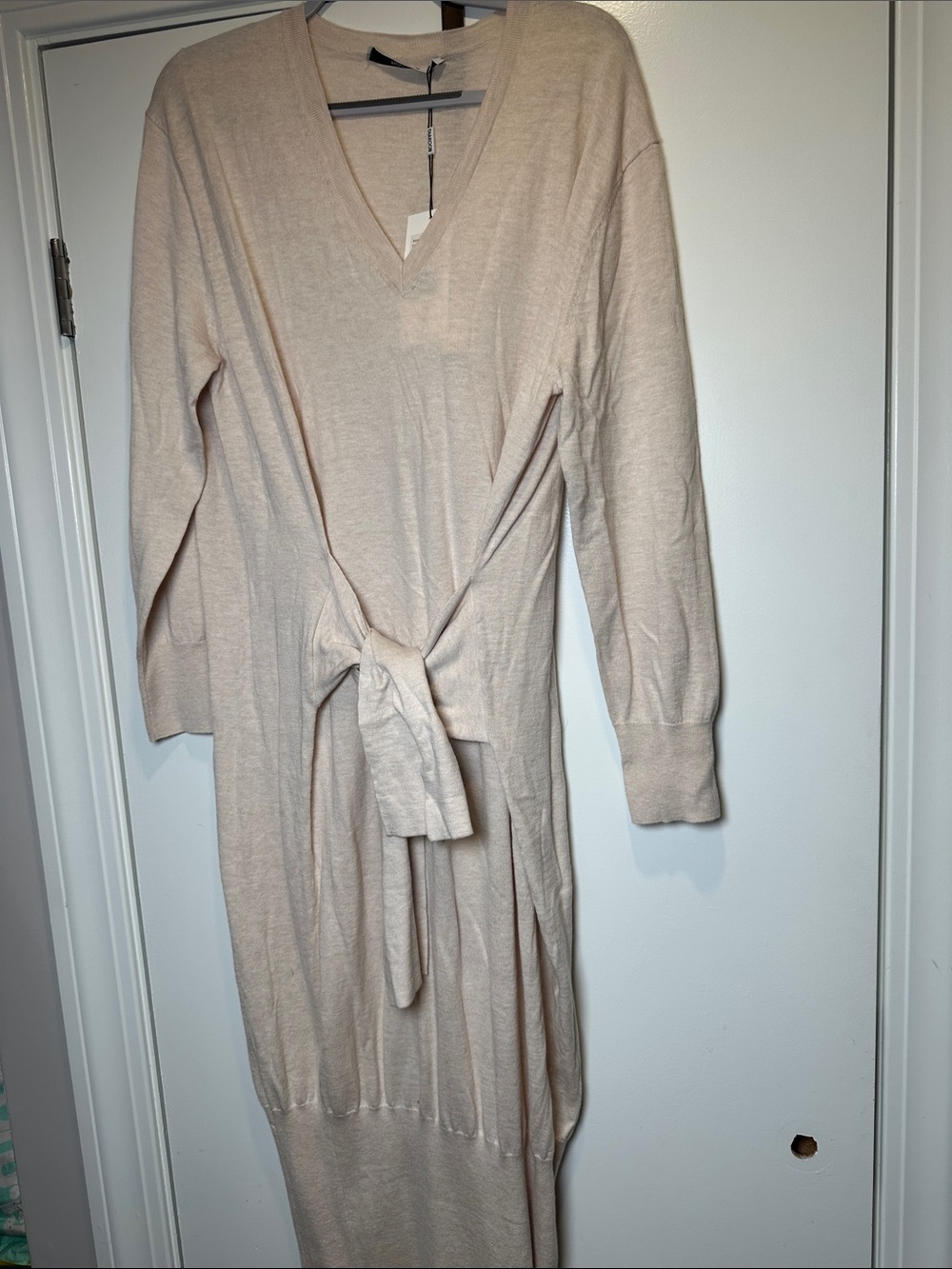 Thakoon Neutral Cream V-Neck Long Sleeve Tie-Waist Midi Dress (002)